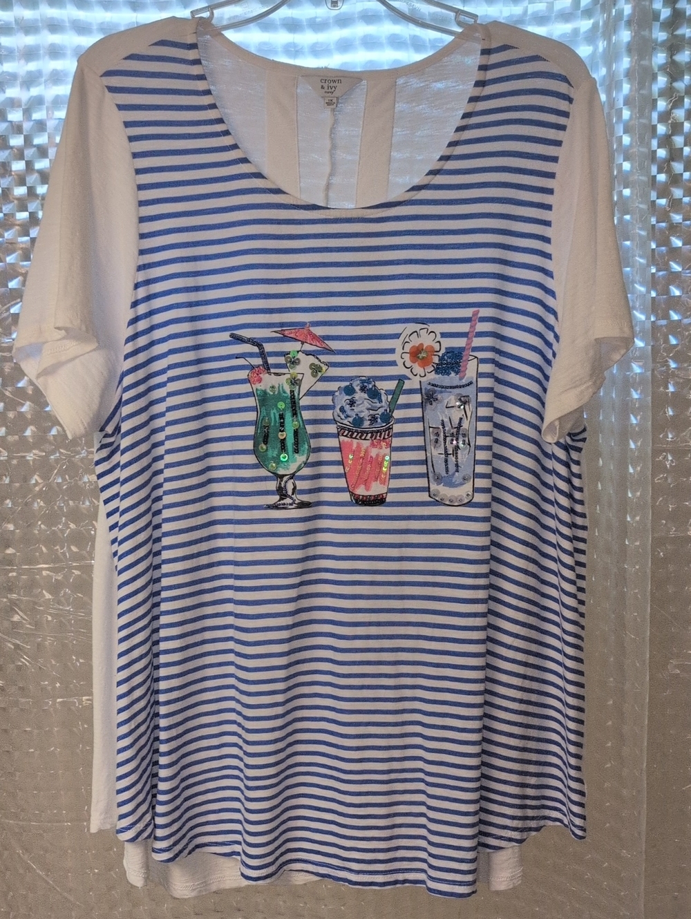 Crown & Ivey Striped Cocktail Graphic Top Blue/White Beaded Embellishments XL